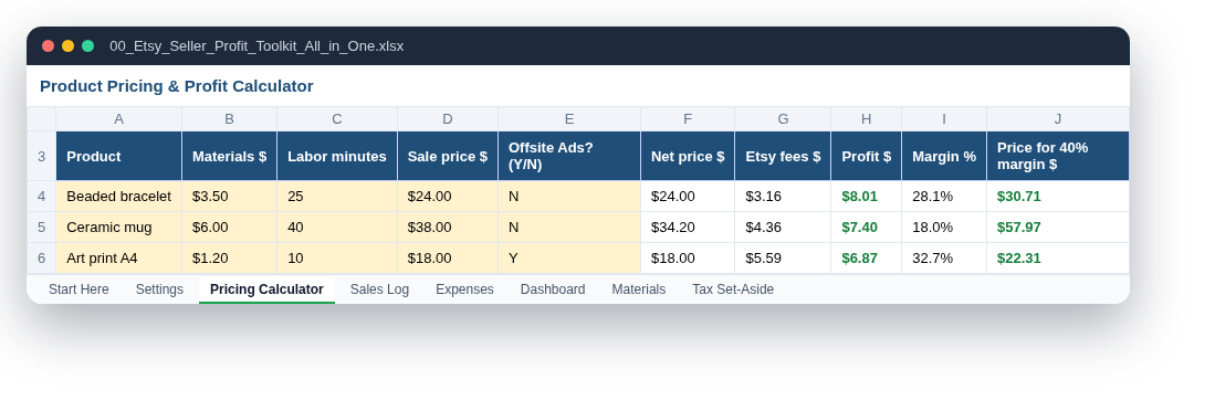 Pricing & Profit Calculator showing profit and the price for a 40% margin
